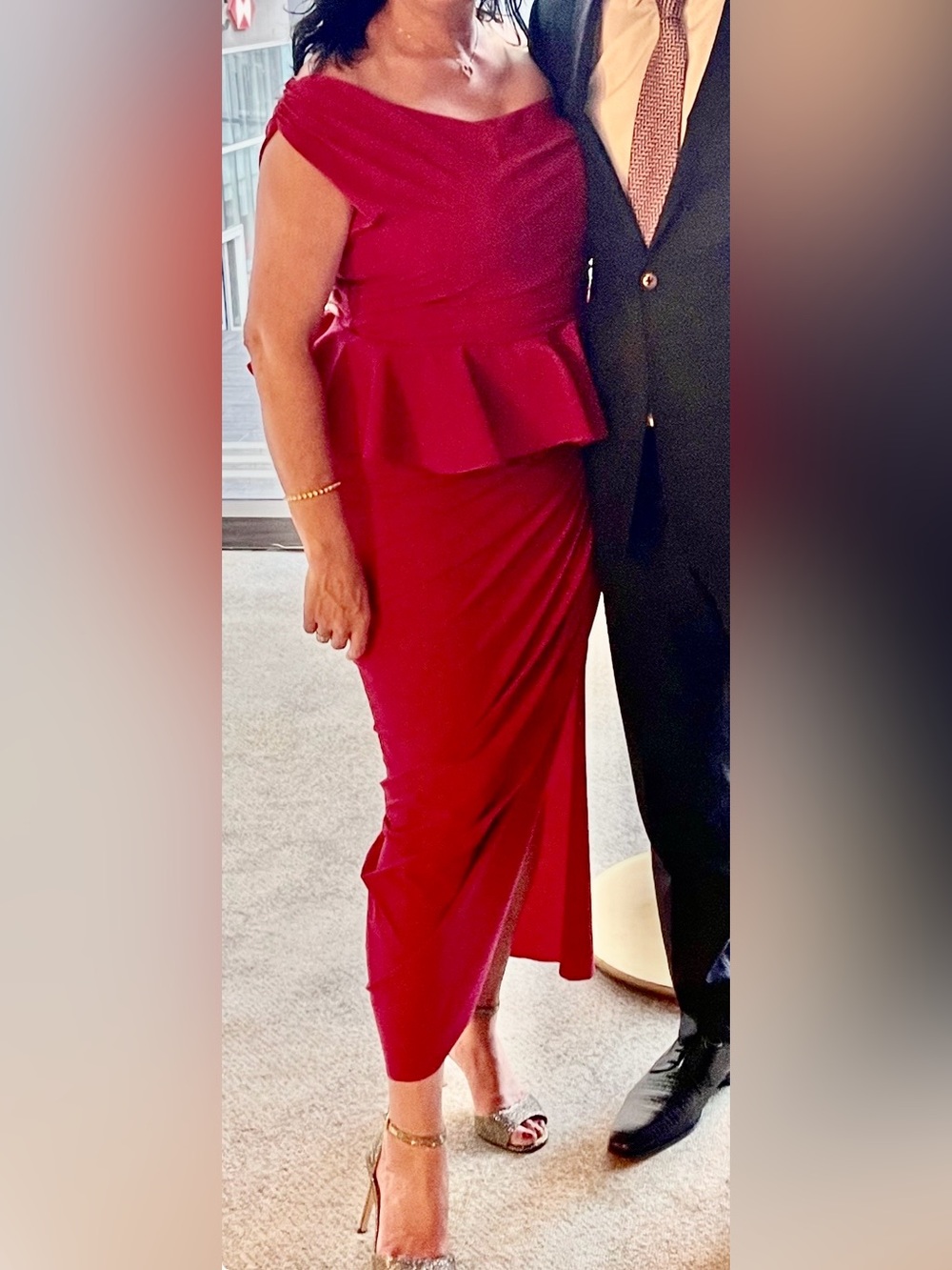 Chiara Boni raspberry red one shoulder peplum  ruched midi dress
